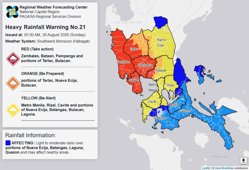 RAINFALL ALERT: Red warning up over 4 areas, parts of Tarlac, Bulacan (Sunday, 5 a.m.)