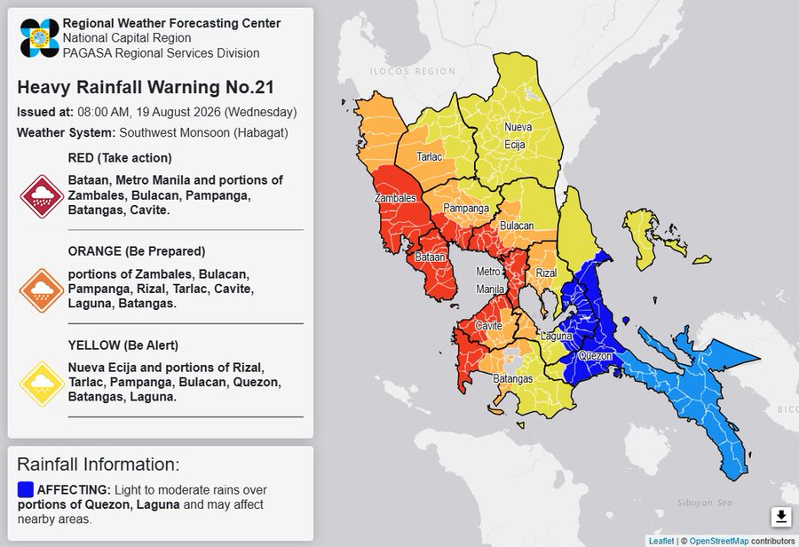 RAINFALL ALERT: Red in Metro Manila, Bataan, parts of 5 areas; Orange in parts of 7 areas; Yellow in Nueva Ecija, parts of 7 areas (Wednesday, 8 am)