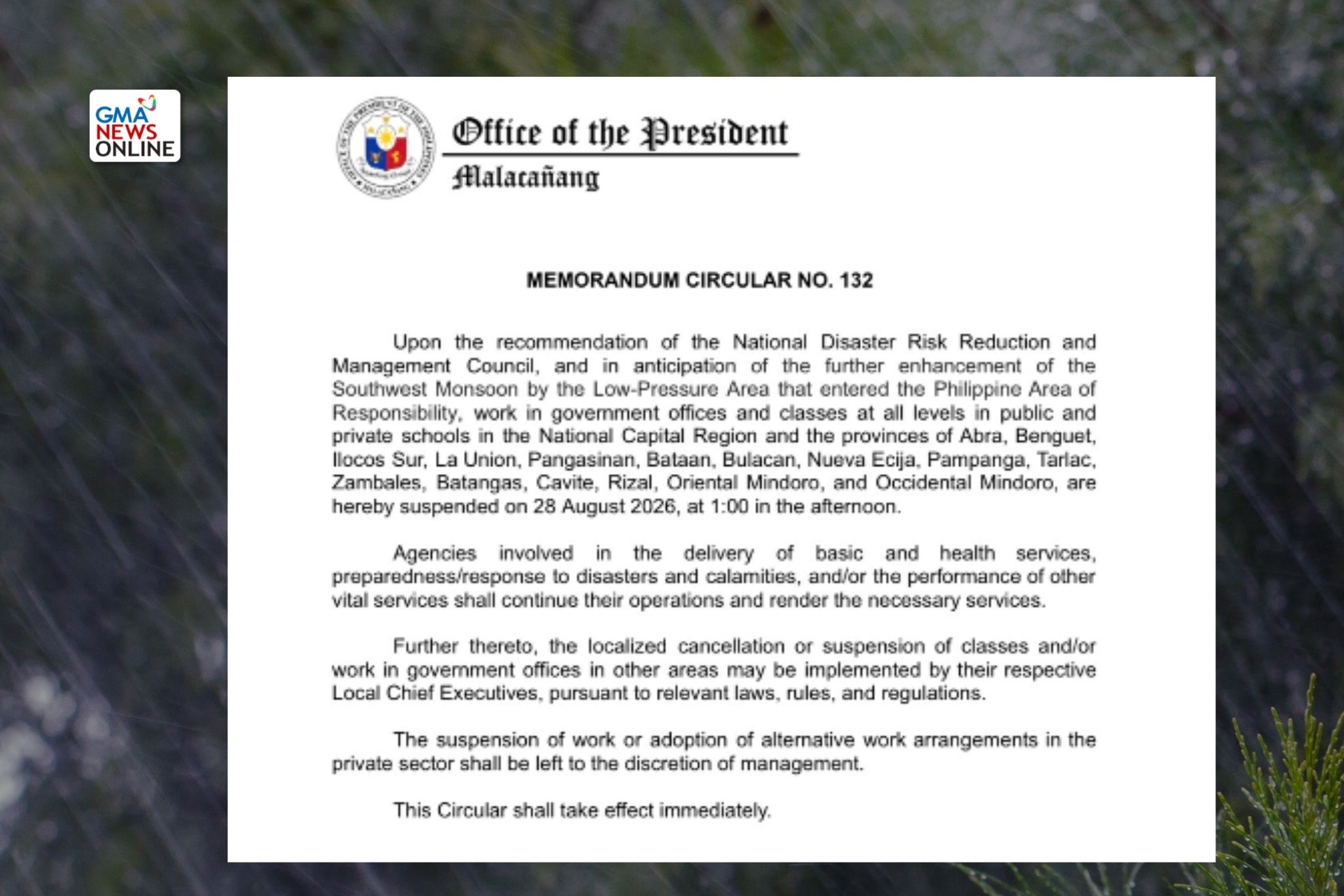 Malacañang suspends gov’t work, classes starting 1 p.m., Aug. 28