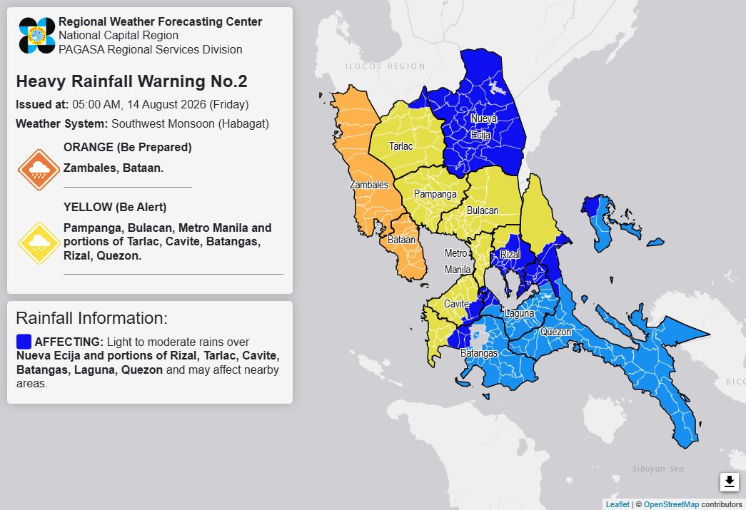 Orange rainfall warning raised in Zambales, Bataan; Yellow warning up in Metro Manila, 8 areas