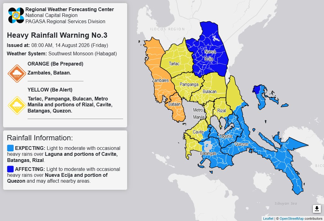 Orange rainfall warning still up in Zambales, Bataan; Yellow warning in Metro Manila, 6 areas