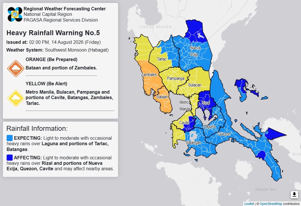 RAINFALL ALERT: Orange in Bataan, Zambales; Yellow in Metro Manila, 6 areas (Friday, 2 pm)