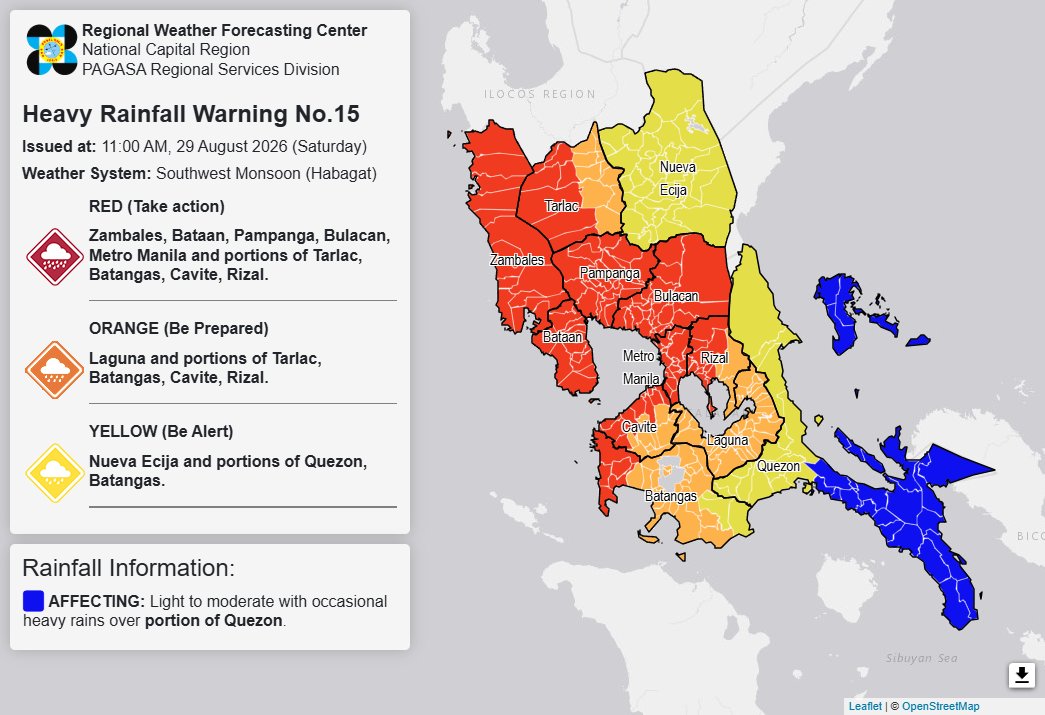 RAINFALL ALERT: Red in Metro Manila, Bulacan, 6 areas (Saturday, 11 a.m.)