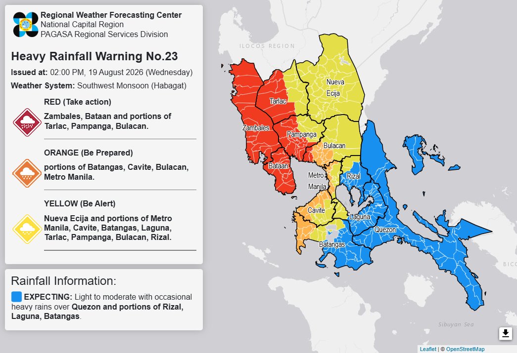 RAINFALL ALERT: Red in Bataan, 5 areas; Orange in Metro Manila, 3 areas (Wednesday, 2 pm)