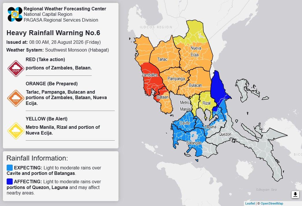 RAINFALL ALERT: Red up over parts of Zambales, Bataan; Orange in Bulacan, 5 areas (Friday, 8 a.m.)