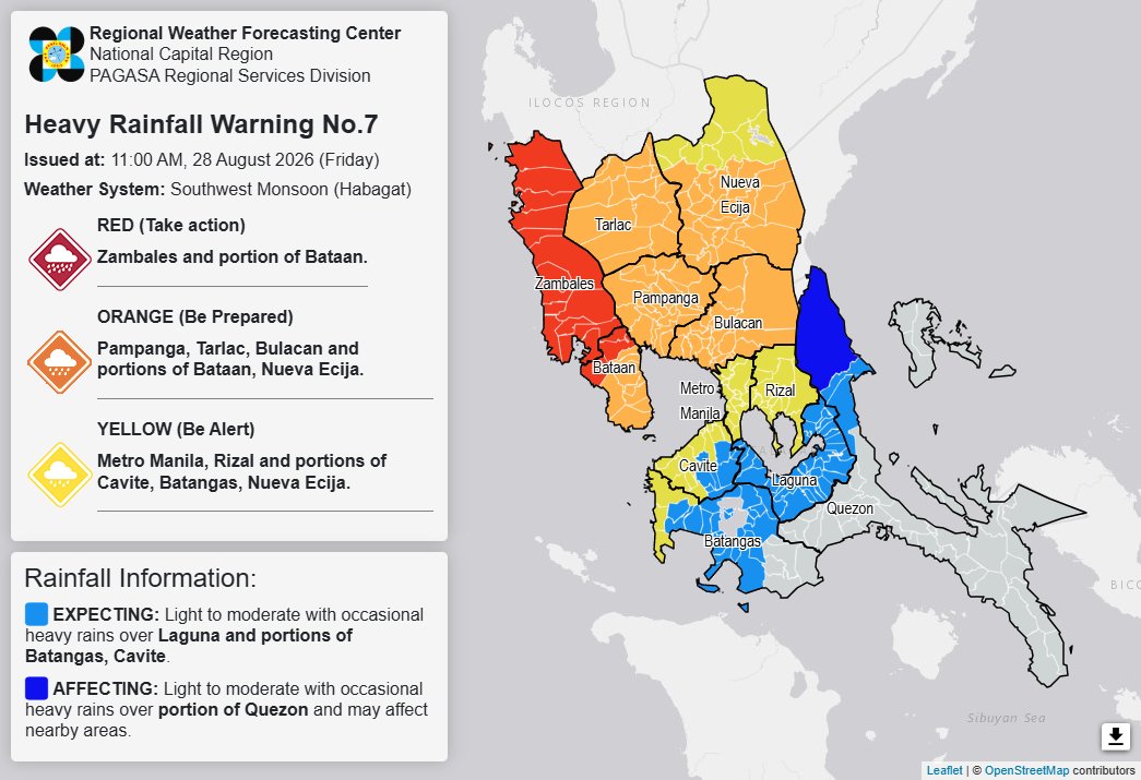 RAINFALL ALERT: Red in Zambales, parts of Bataan; Orange in Pampanga, 4 areas (Friday, 11 a.m.)