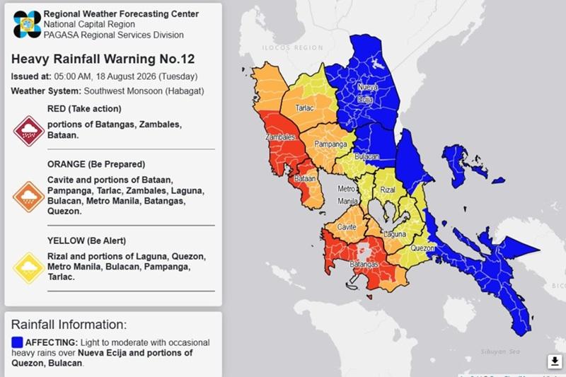 RAINFALL ALERT: Red in Batangas; Orange in Cavite, Yellow in Metro Manila (Tuesday, 5 am)