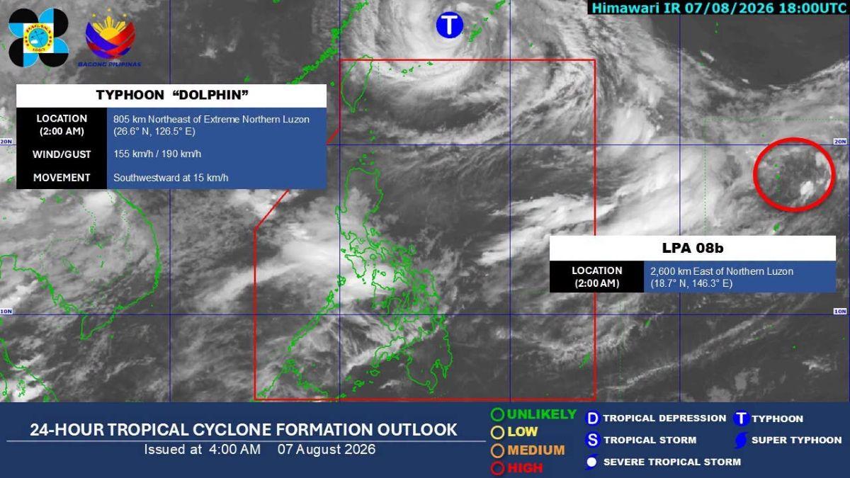 LPA and Typhoon Dolphin both outside PAR, Aug. 8, 2026