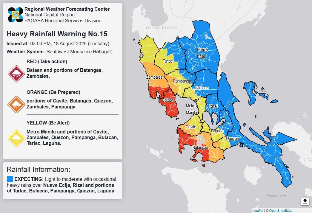 RAINFALL ALERT: Red in Bataan, Batangas, Zambales; Orange in 5 areas, Yellow in Metro Manila, 7 other areas (Tuesday, 2 p.m.)