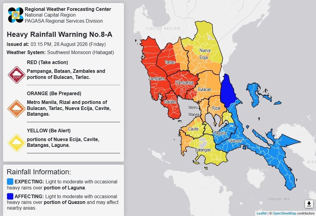 RAINFALL ALERT: Red in Zambales, parts of Bataan; Orange in Tarlac, 4 areas (Friday, 2 p.m.)