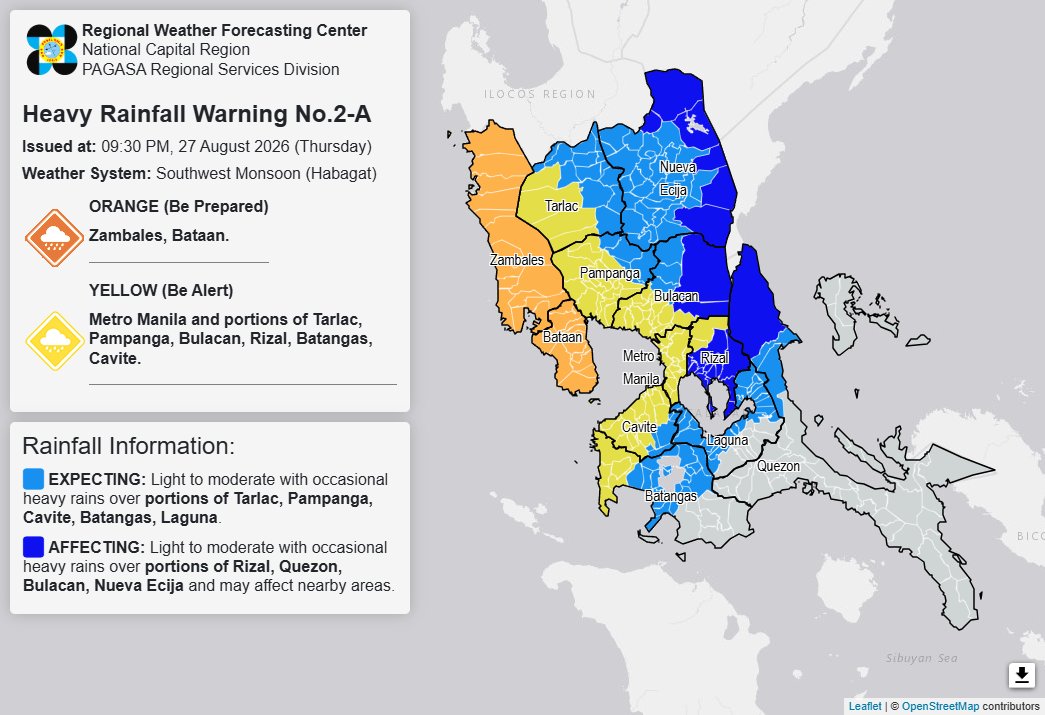 RAINFALL ALERT: Orange in Bataan, Zambales; yellow in Metro Manila, nearby areas (Thursday, 9:30 pm)