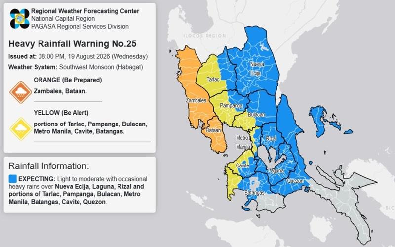 RAINFALL ALERT: Orange in Zambales, Bataan; Yellow in Tarlac, Metro Manila 4 other areas (Wednesday, 8 pm)