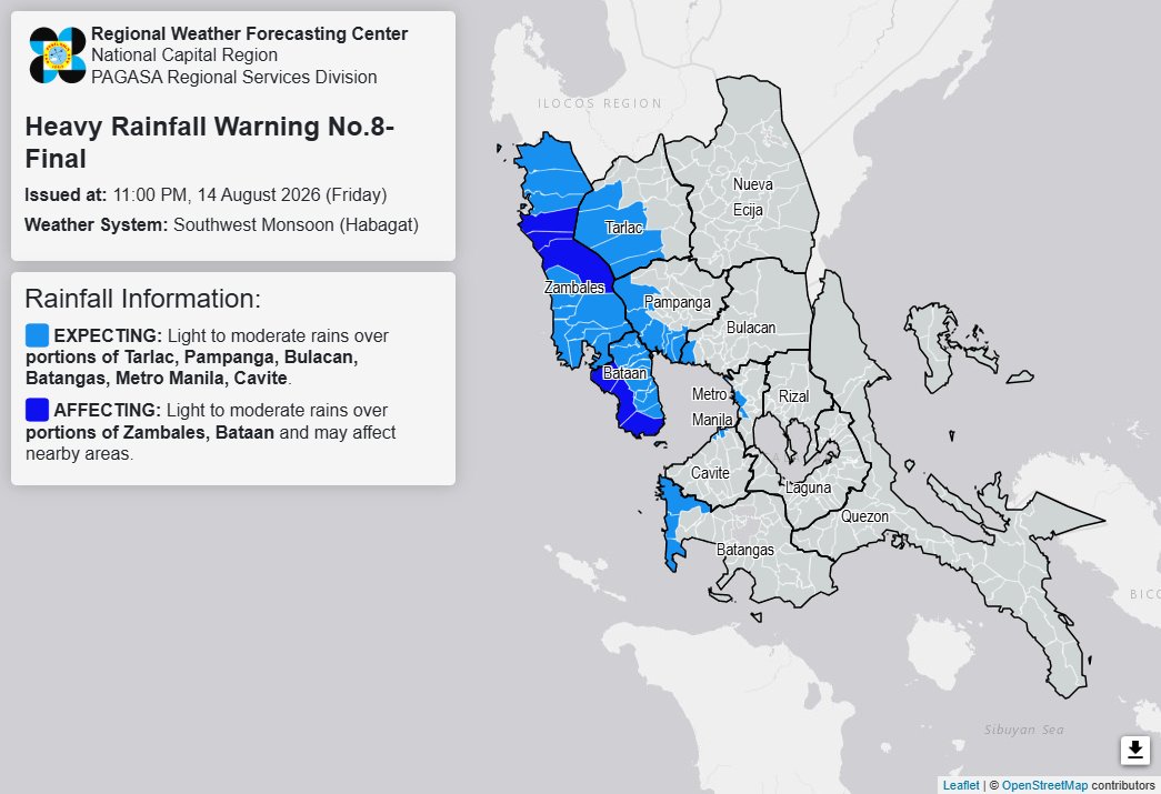 RAINFALL ADVISORY: Light to moderate rains in Zambales, Bataan in next 3 hours (Friday, 11 p.m.)
