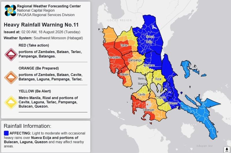 RAINFALL ALERT: Red in Zambales, Orange in other parts of Zambales, Yellow NCR (Tuesday, 2 a.m.)