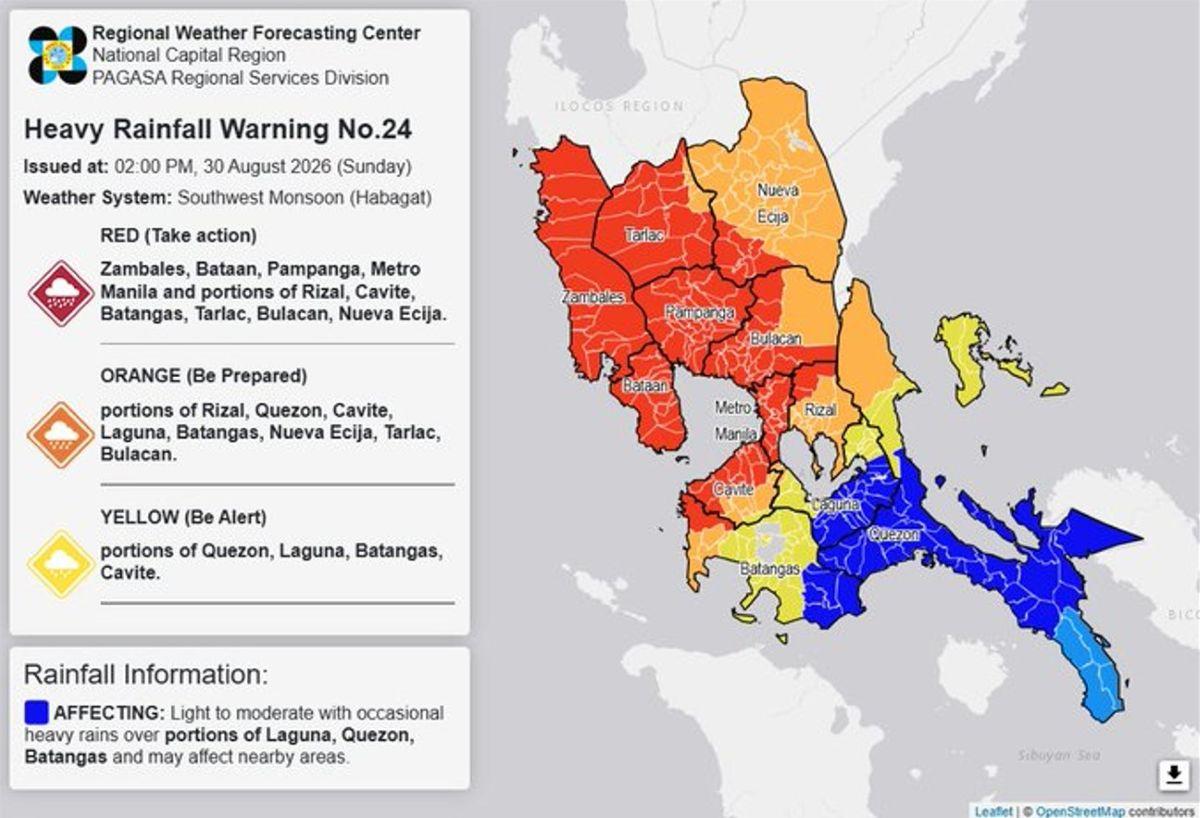 Rainfall warning, 2 p.m., Sunday, August 30, 2026