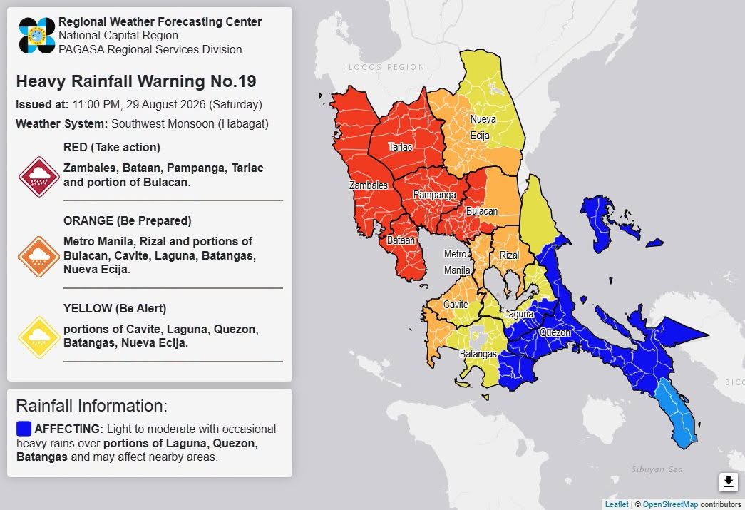 RAINFALL ALERT: Red in Zambales, Bataan, 3 areas (Saturday, 11 p.m.)