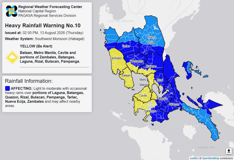 Yellow rainfall warning up in NCR, 8 areas; flooding expected 
