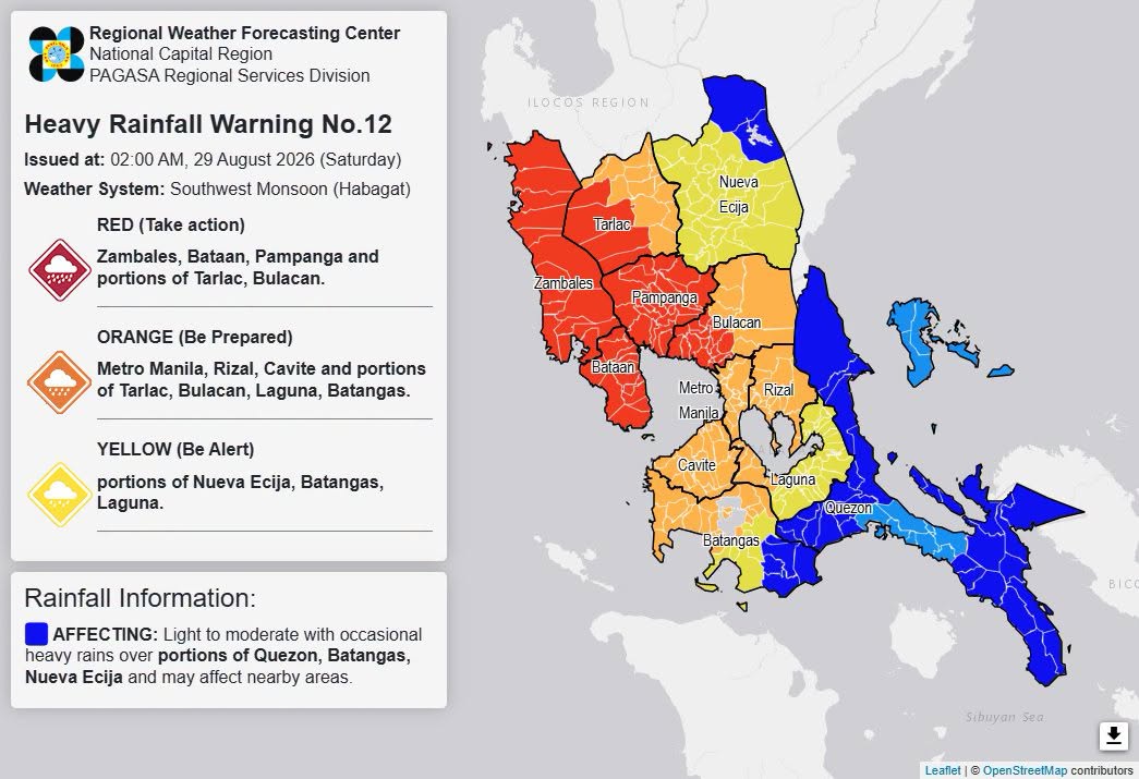 RAINFALL ALERT: Red in Zambales, Bataan, Pampanga, parts of Tarlac and Bulacan (Saturday, 2 a.m.)