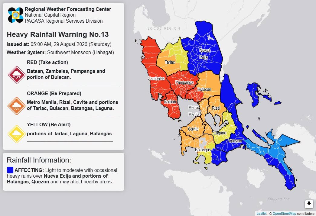RAINFALL ALERT: Red in Bataan, Zambales, Pampanga, parts of Bulacan (Saturday, 5 a.m.)