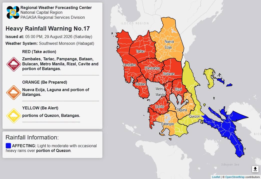 RAINFALL ALERT: Red in Metro Manila, Tarlac, Rizal, 6 other areas (Saturday, 5 p.m.)