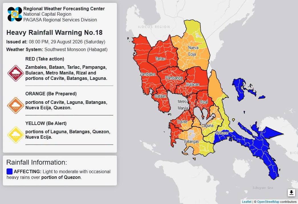 RAINFALL ALERT: Red in Metro Manila, Batangas, Zambales, 7 areas (Saturday, 8 p.m.)
