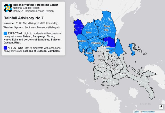 RAINFALL ALERT: Rains in 8 Luzon provinces due to Habagat (Thursday, 11 am)