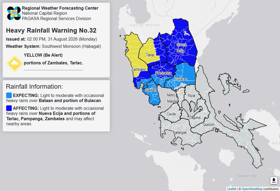 RAINFALL ALERT: Yellow in portions of Zambales, Tarlac (Monday, 2 p.m.)