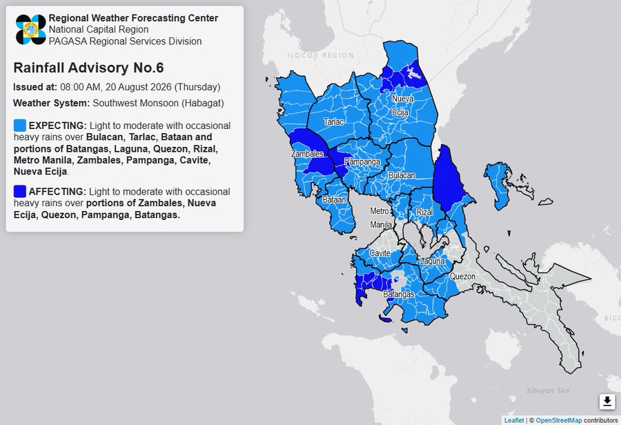 RAINFALL ALERT: Rains in Region 3, CALABARZON, Metro Manila (Thursday, 8 am)