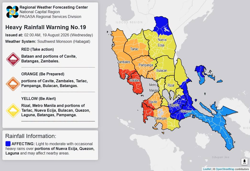 RAINFALL ALERT: Red in Bataan; Orange in Pampanga; Yellow in Metro Manila (Wednesday, 2 am)