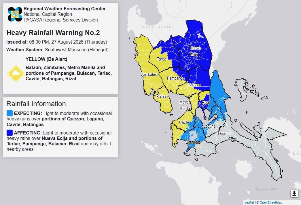 RAINFALL ALERT: Yellow in Metro Manila, Zambales, Bataan, portions of 6 provinces (Thursday, 8 p.m.)