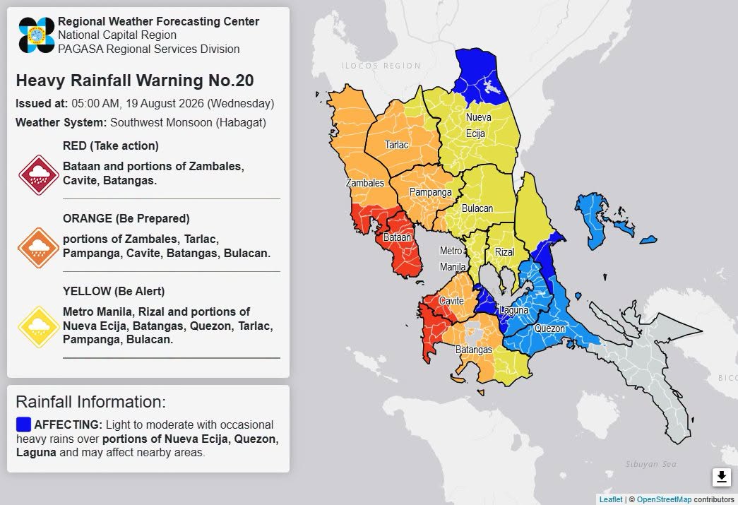 RAINFALL ALERT: Red in Bataan, parts of Zambales, Cavite, Batangas; Orange in Pampanga; Yellow in Metro Manila (Wednesday, 5 am)