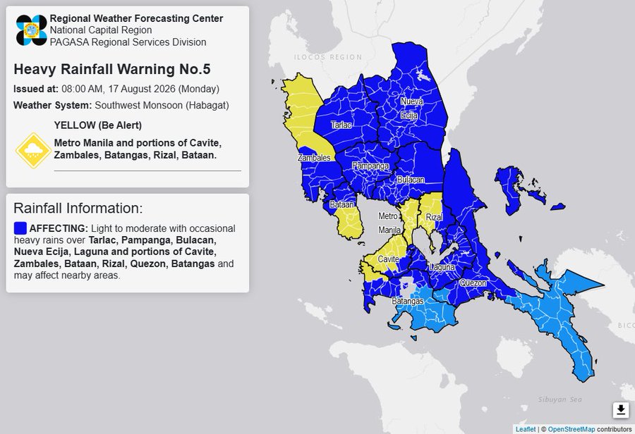 RAINFALL ALERT: Yellow up over Metro Manila, 5 Luzon areas (Monday, 8 am)
