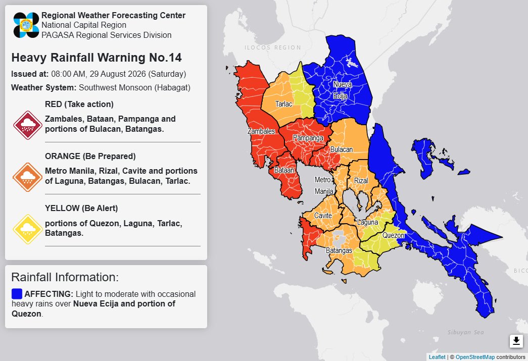 RAINFALL ALERT: Red in Zambales, Bataan, Pampanga, Bulacan, Batangas, orange in NCR