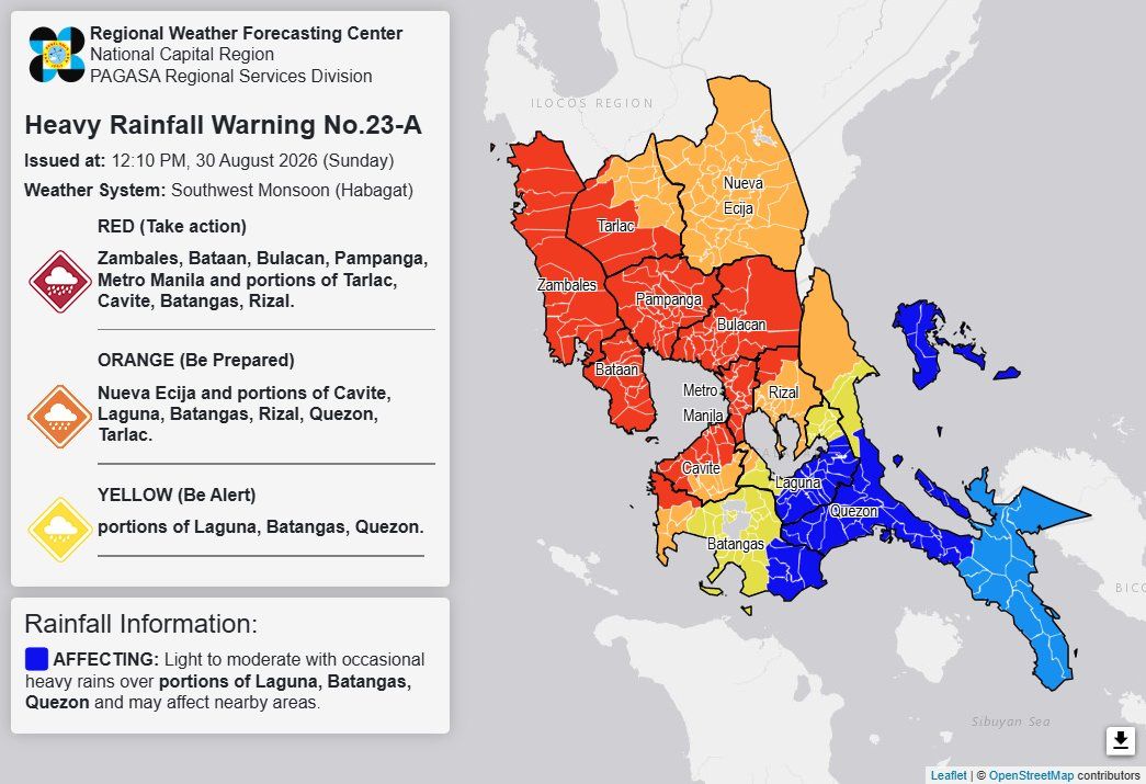 heavy rainfall warning, August 30, 2026