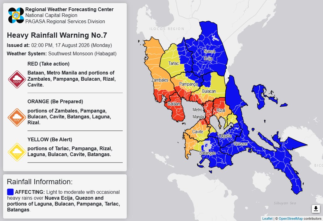 Rainfall warning issued by PAGASA at 2 p.m., Aug. 17, 2026
