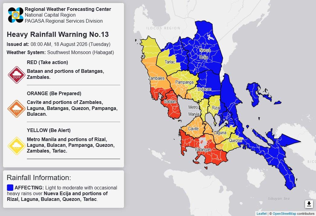 Rainfall warning, 8 a.m. August 18, 2026. 