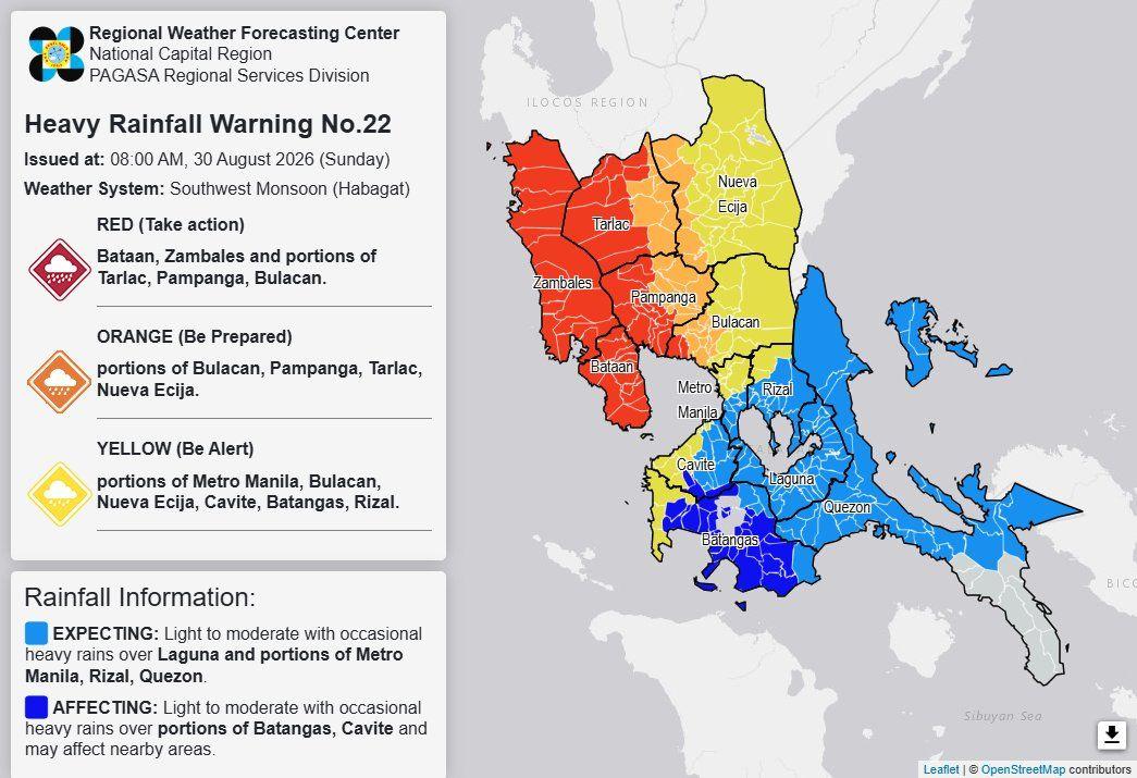 Rainfall warning, 8 a.m., August 30, 2026