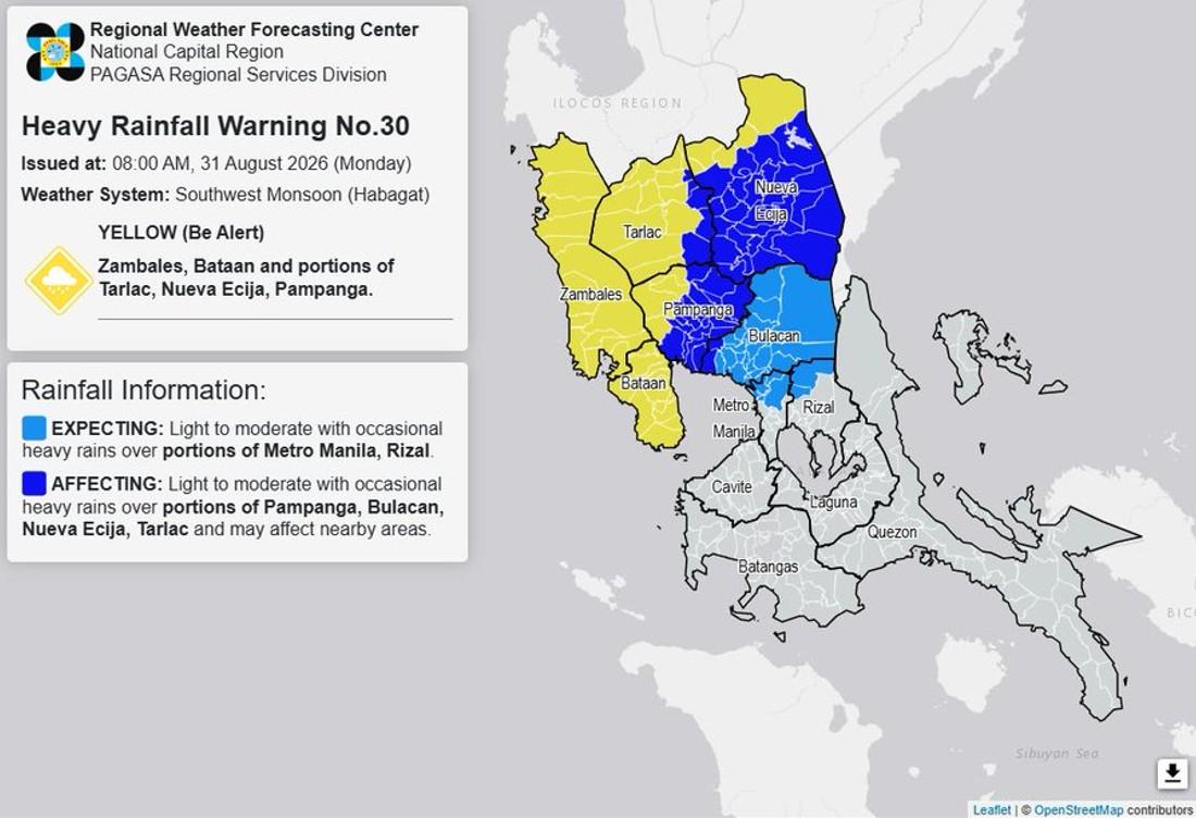 Rainfall warning, 8 a.m., August 31, 2026