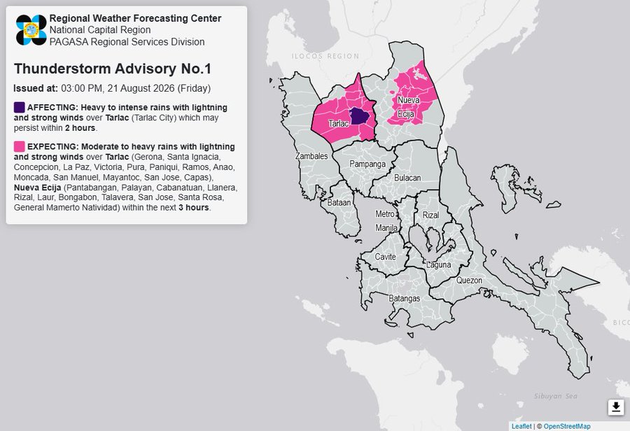 Intense rains affect Tarlac City; heavy rains expected over Tarlac, Nueva Ecija (Friday, 3 p.m.)