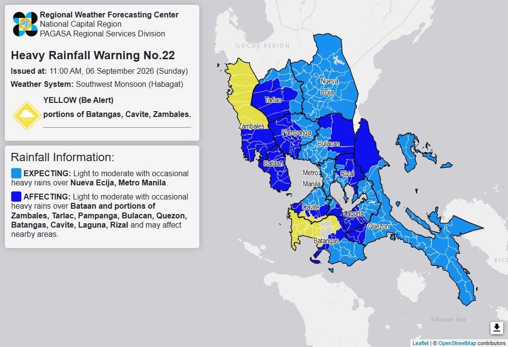 Heavy rainfall warning, Sept. 6, 2026, 11AM