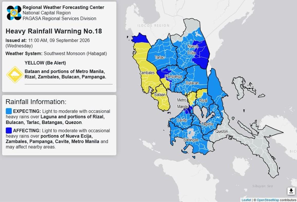 Heavy rainfall warning, Sept. 9, 2026, 11AM