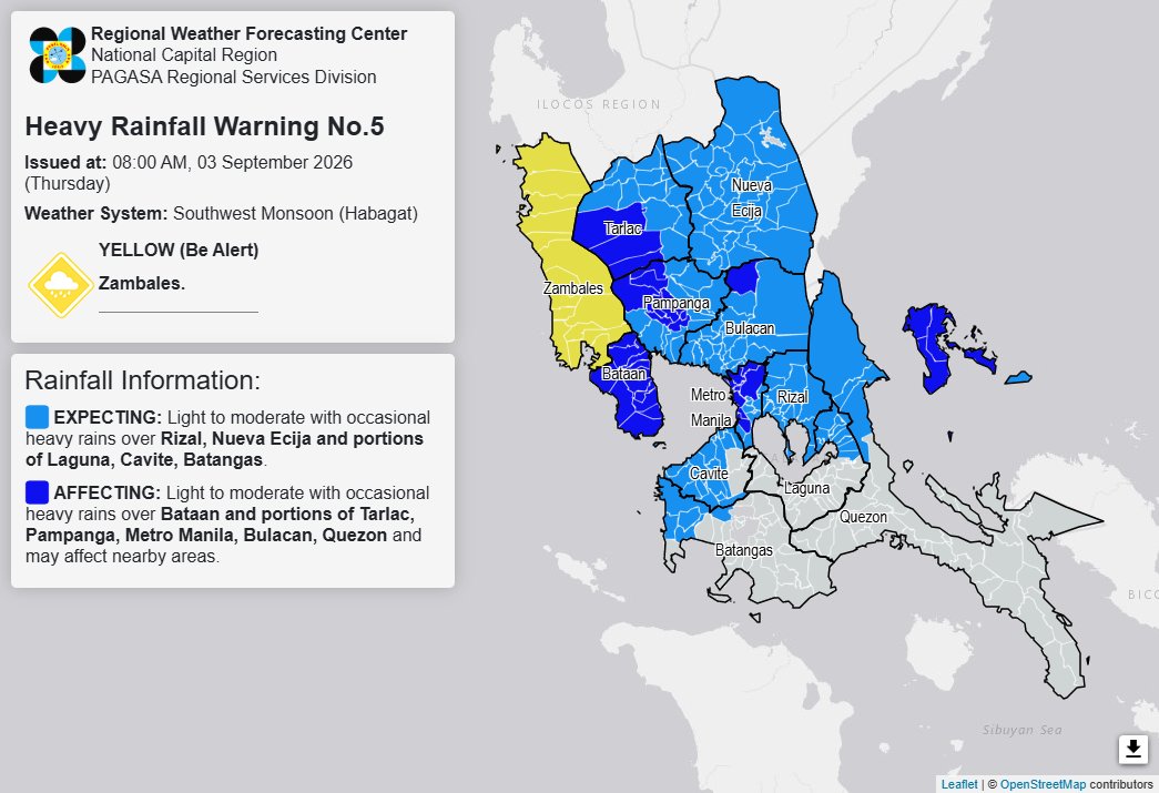 RAINFALL ALERT: Yellow in Zambales; heavy rains expected in Rizal, 4 areas (Thursday, 8 a.m.)