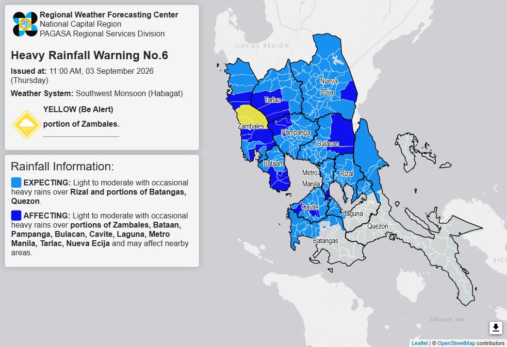 RAINFALL ALERT: Yellow in parts of Zambales; heavy rains in Rizal, 2 areas (Thursday, 11 a.m.)