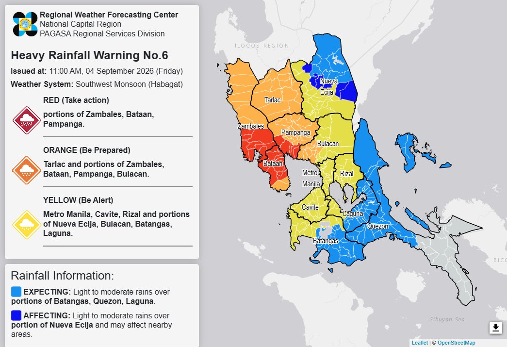 A red rainfall warning remains in effect over portions of Zambales and Bataan, while the same warning has been raised in portions of Pampanga