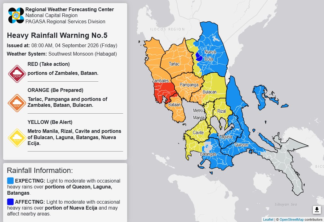 RAINFALL ALERT: Red in parts of Zambales, Bataan; Orange in Tarlac, 4 areas (Friday, 8 a.m.)