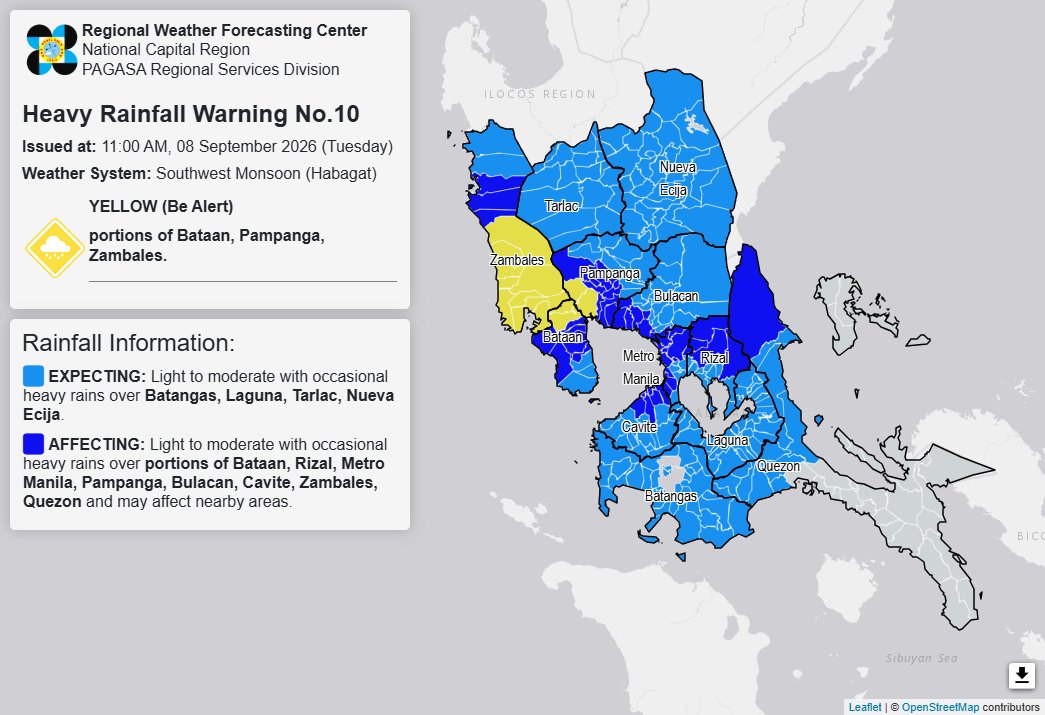 RAINFALL ALERT: Yellow in Bataan, 2 other areas (Tuesday 11 a.m.)