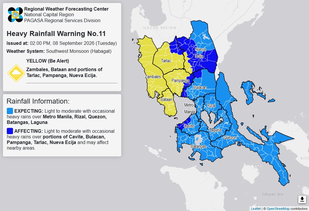 RAINFALL ALERT: Yellow in Zambales, Bataan, 3 other areas (Tuesday, 2 p.m.)