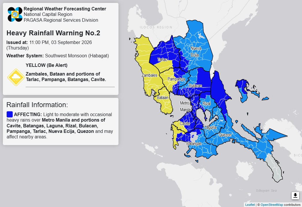 RAINFALL ALERT: Yellow in parts of Central Luzon, Southern Tagalog (Thursday, 11 p.m.)