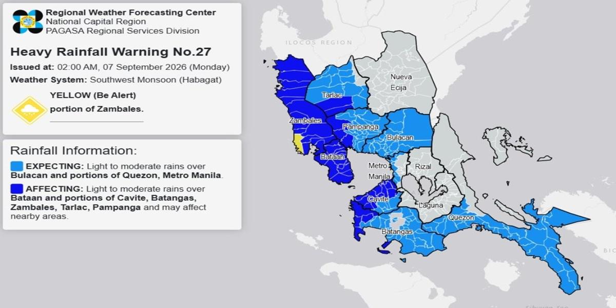 RAINFALL ALERT: Yellow over part of Zambales (Monday, 2 a.m.)