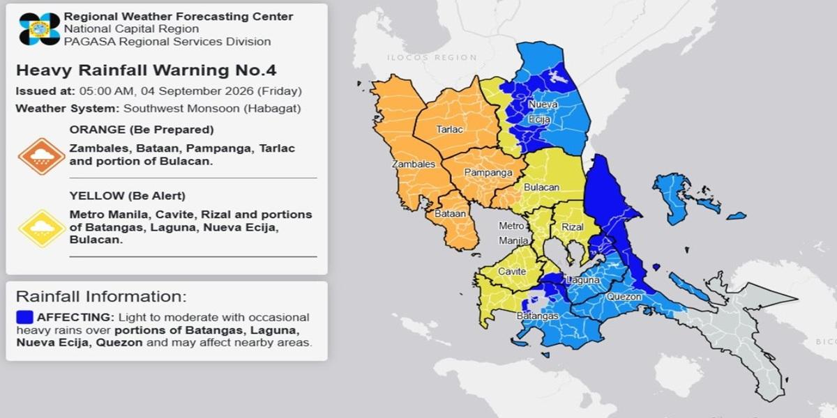 RAINFALL ALERT: Orange in Zambales, 4 other areas; Yellow in Metro Manila, 5 areas (Friday, 5 a.m.) 